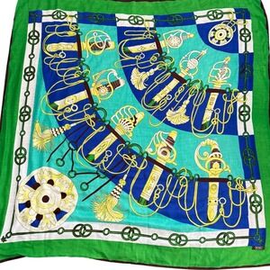 Luxury Pashmina 100% Wool‎ Scarf Equestrian Design Blue Green Silk